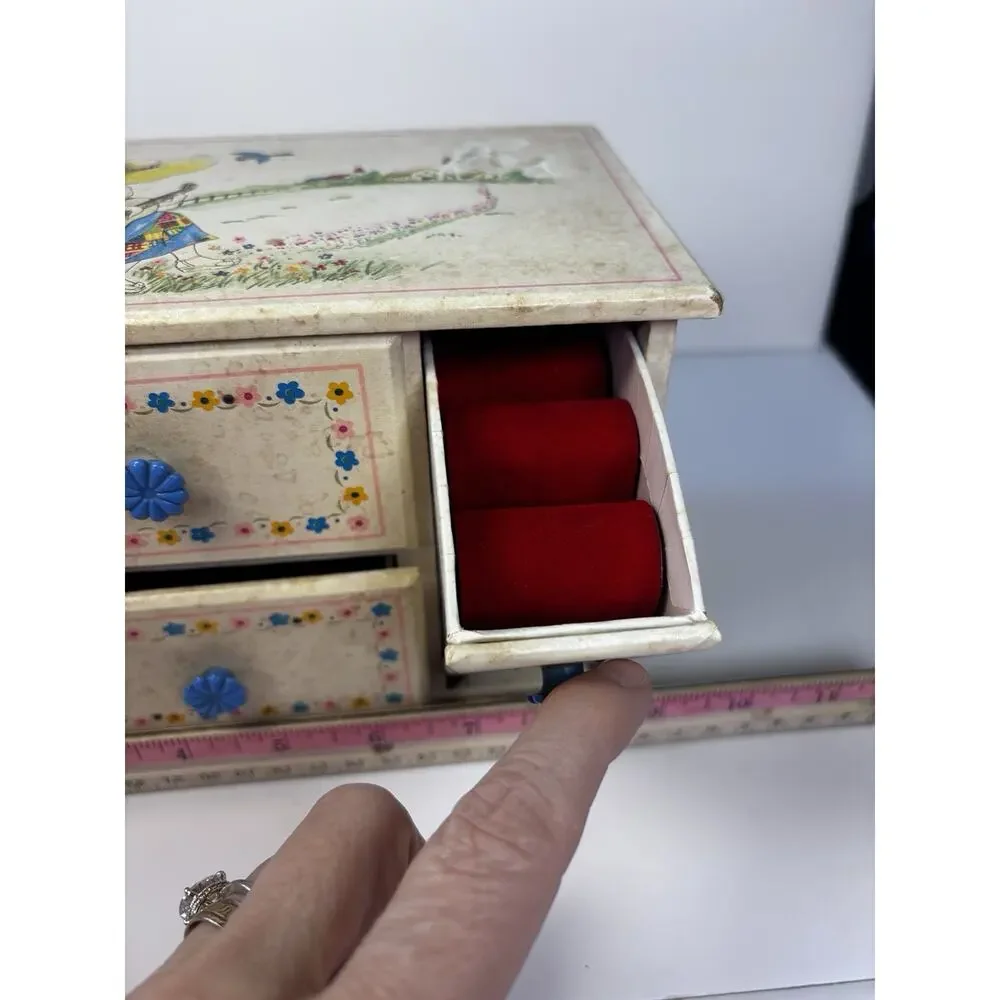 VINTAGE MCM MOD JEWELRY BOX Musical MINI DRESSER WHITE GIRL & Guitar 4 DRAWERS
